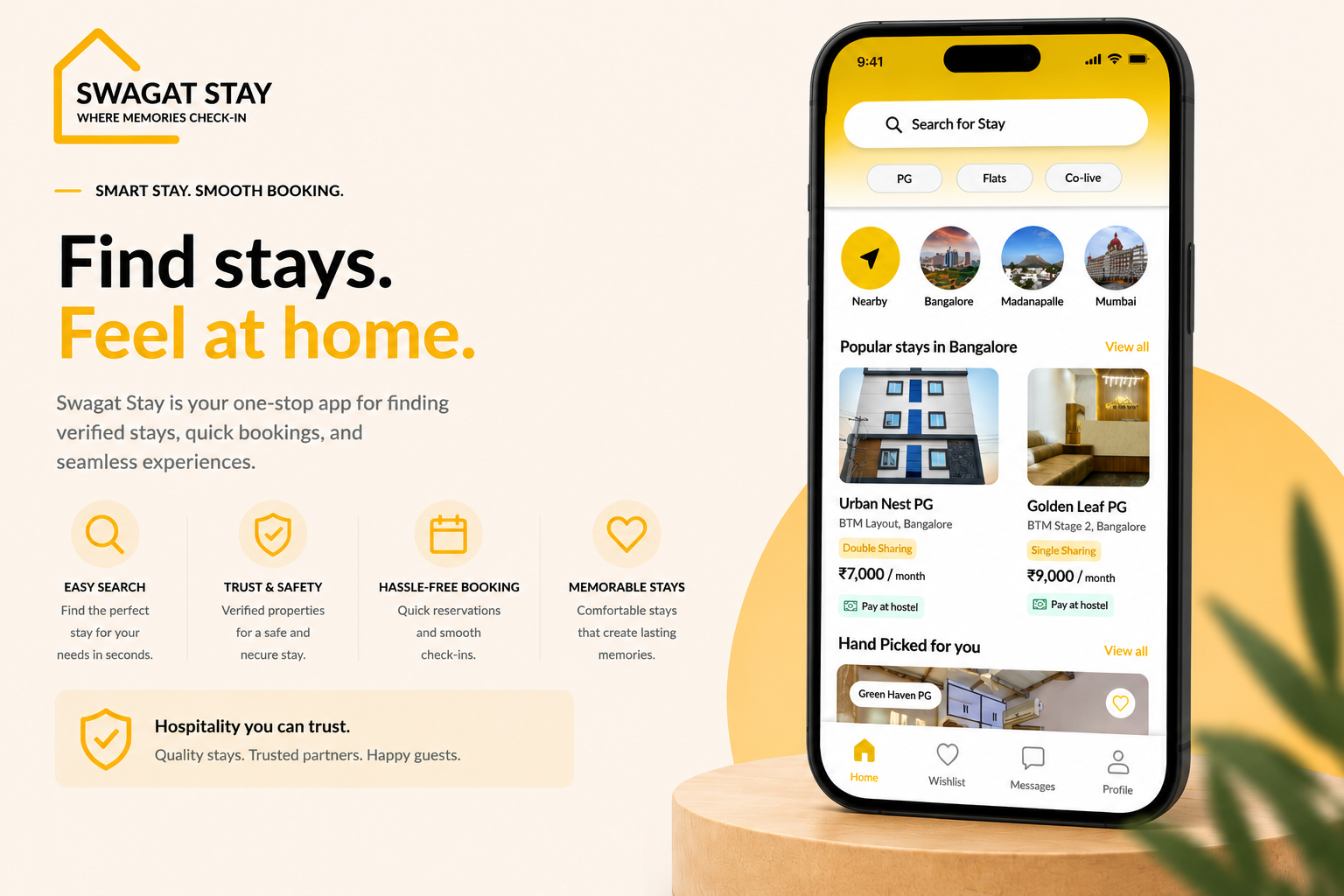 Swagat Stay – Booking Screen